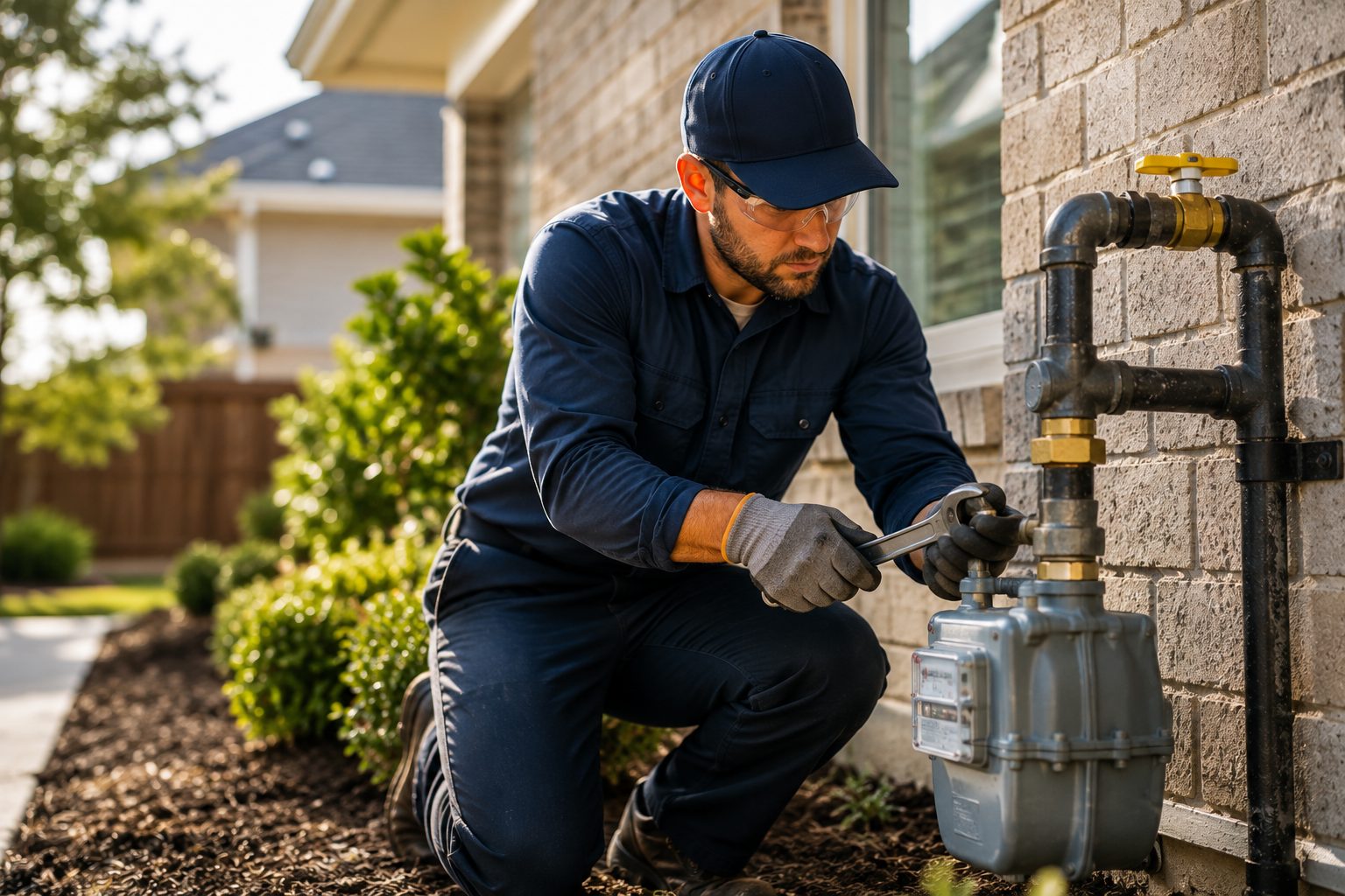 Technician performing gas line repair on a residential line in Plano, TX