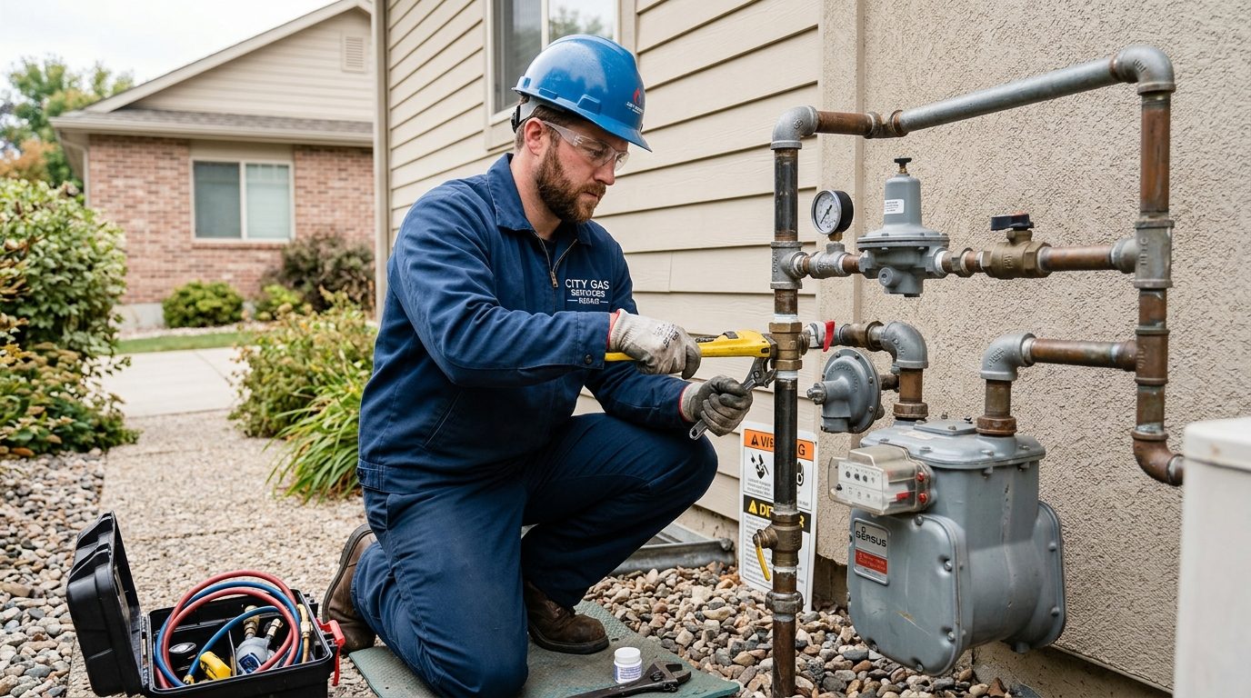 Licensed plumber inspecting a residential gas line for leaks in Plano